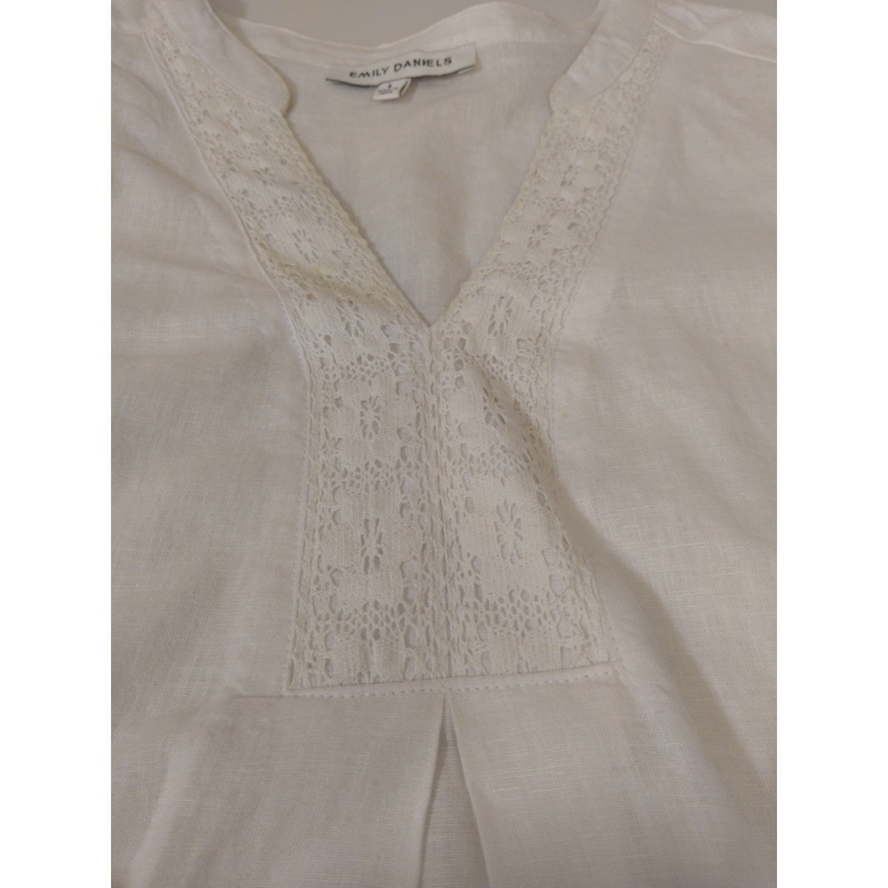 Womens Linen Blend Crochet Detail Tunic Top Size L Coastal Resort Quiet Luxury - Picture 5 of 8